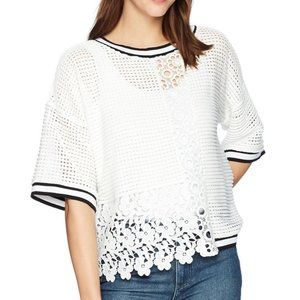 French Connection White Knit Crochet Lace Trim Top with Black Trim